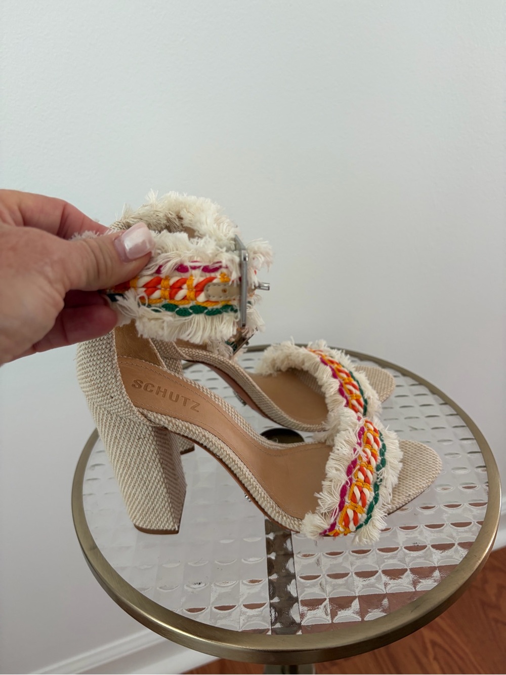 Schutz Beige Braided Fringe Block Heel Sandals